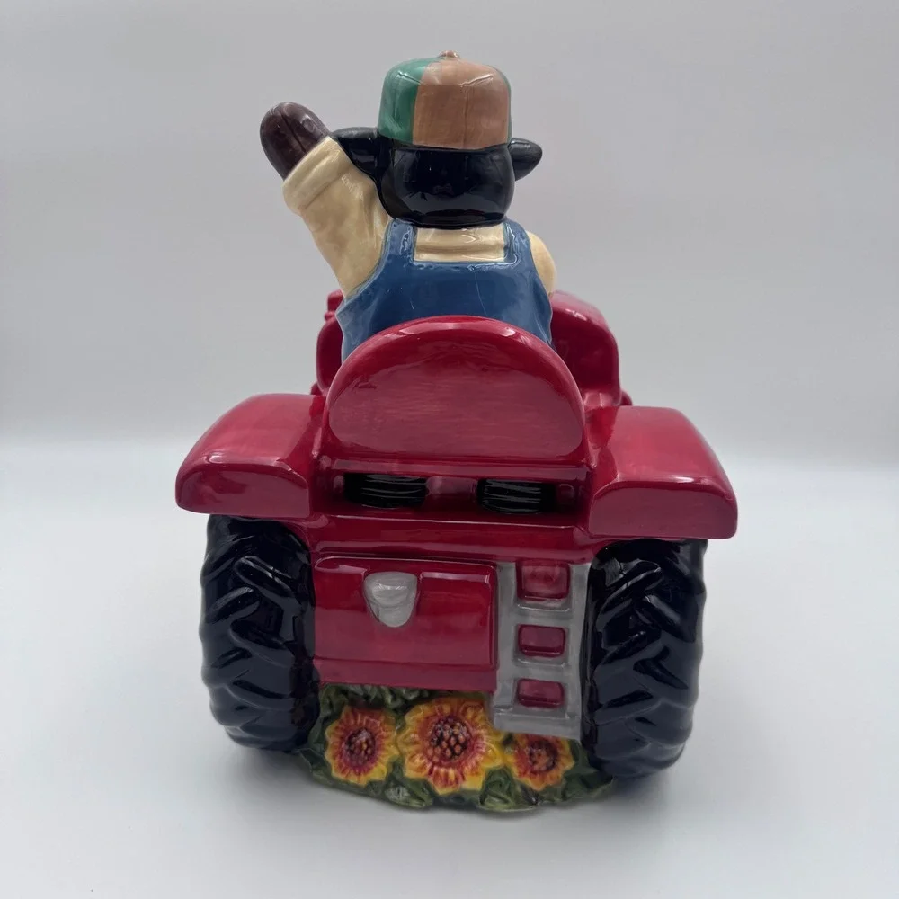 Vintage Cow Driving Red Tractor Ceramic Cookie Jar Farmhouse Decor 3345